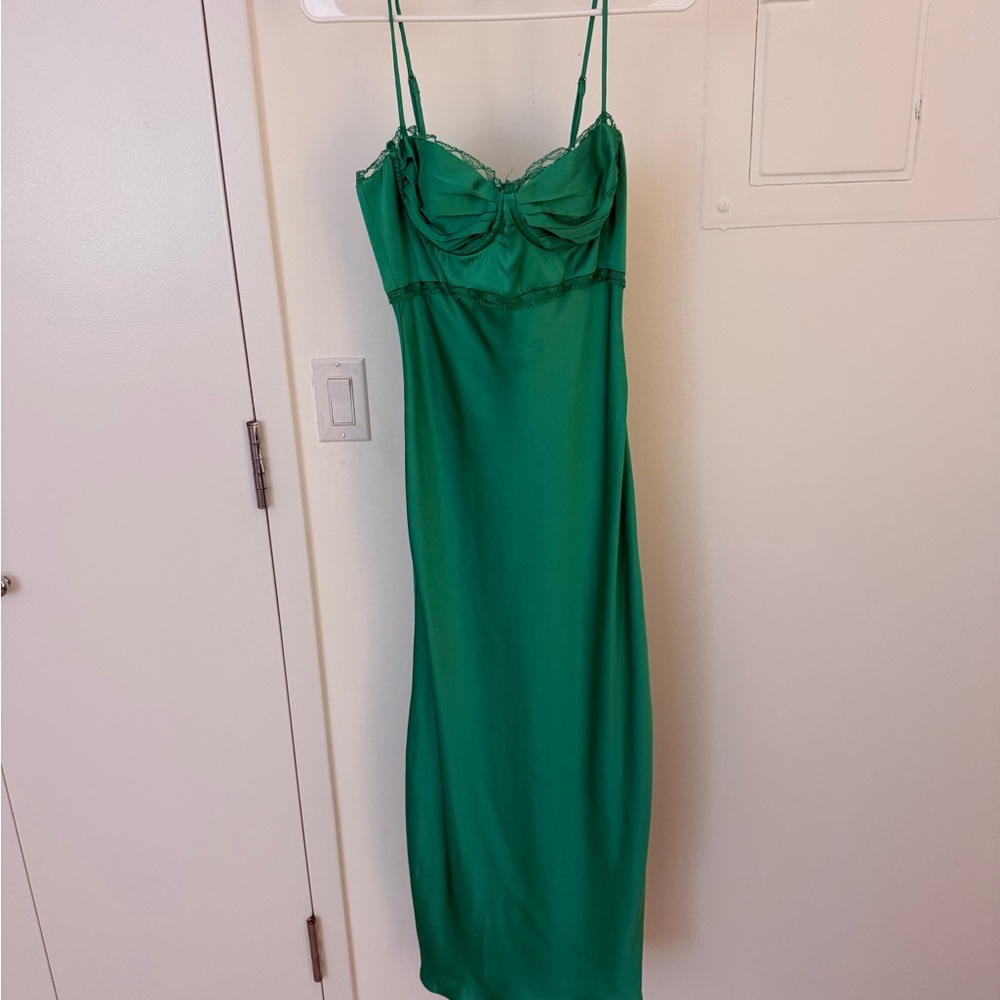 Astr Emerald Green Satin Slip with Lace Trim